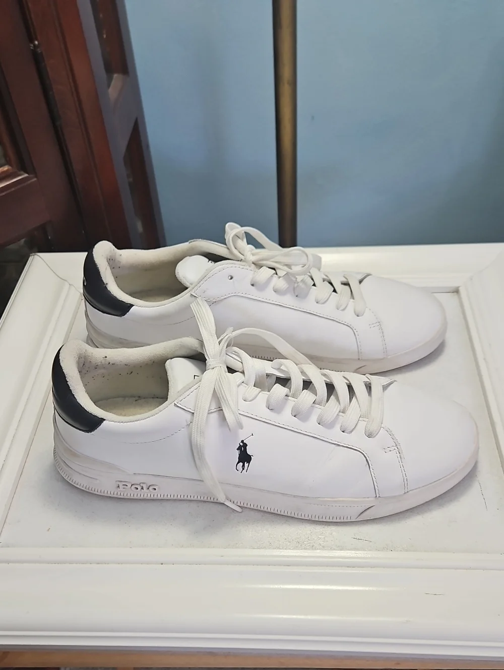 Polo Ralph Lauren Heritage Court White Low Top Leather Sneakers Black Heel 10.5